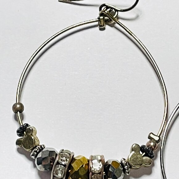 Disney Mickey Mouse Charm Hoop Earrings Gold Tone Beaded Drop - Picture 2 of 11